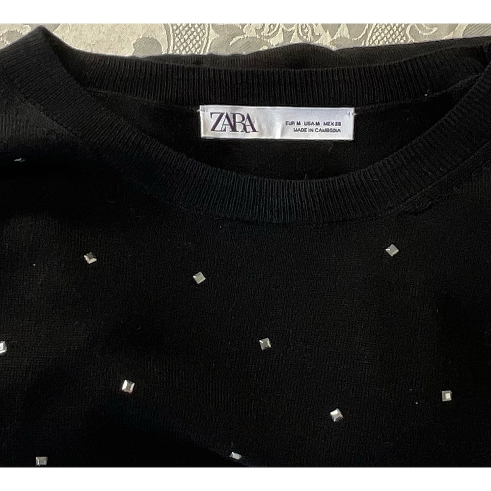 Zara Black Sweater Rhinestones Long Sleeves Pullover Blended Knit Size Medium - Picture 3 of 10